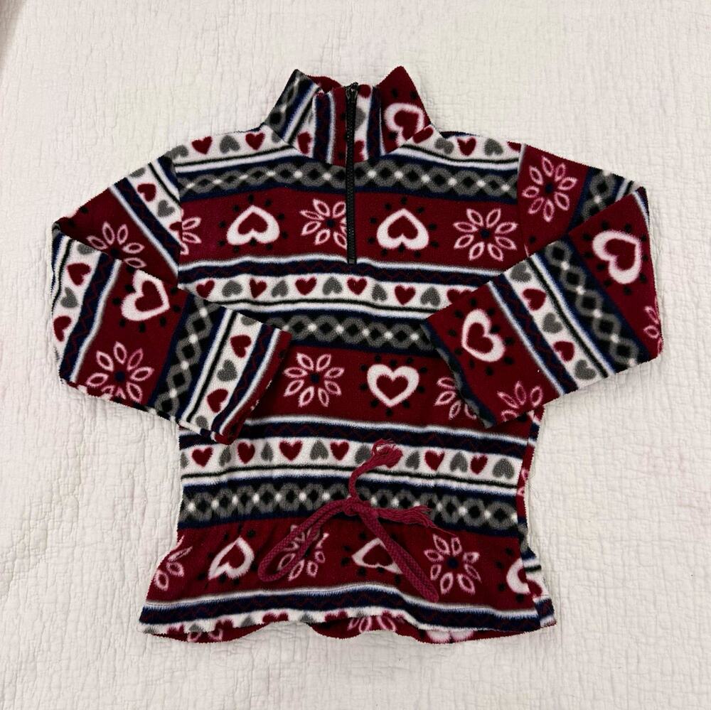 Vintage Girl Sweater Size S Fleece 1/4 Zip Hearts Red White
